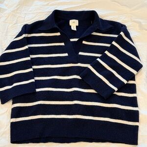 H&M Men's Navy and White Striped V-Neck Polo Sweater